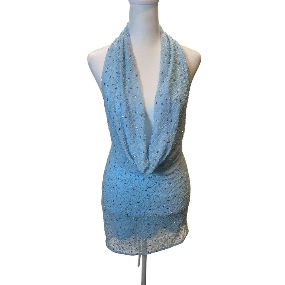 Windsor Sweet Sparkle Halter Mini Dress Size M Blue Beaded Cocktail